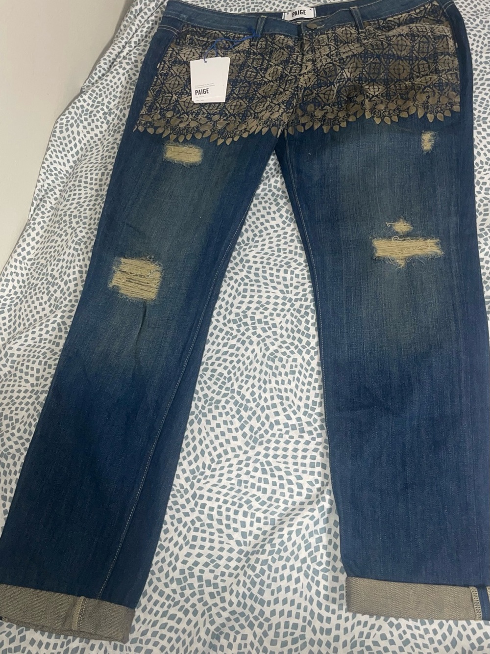 PAIGE Dark Blue Straight Leg Jeans with Embroidered Waist